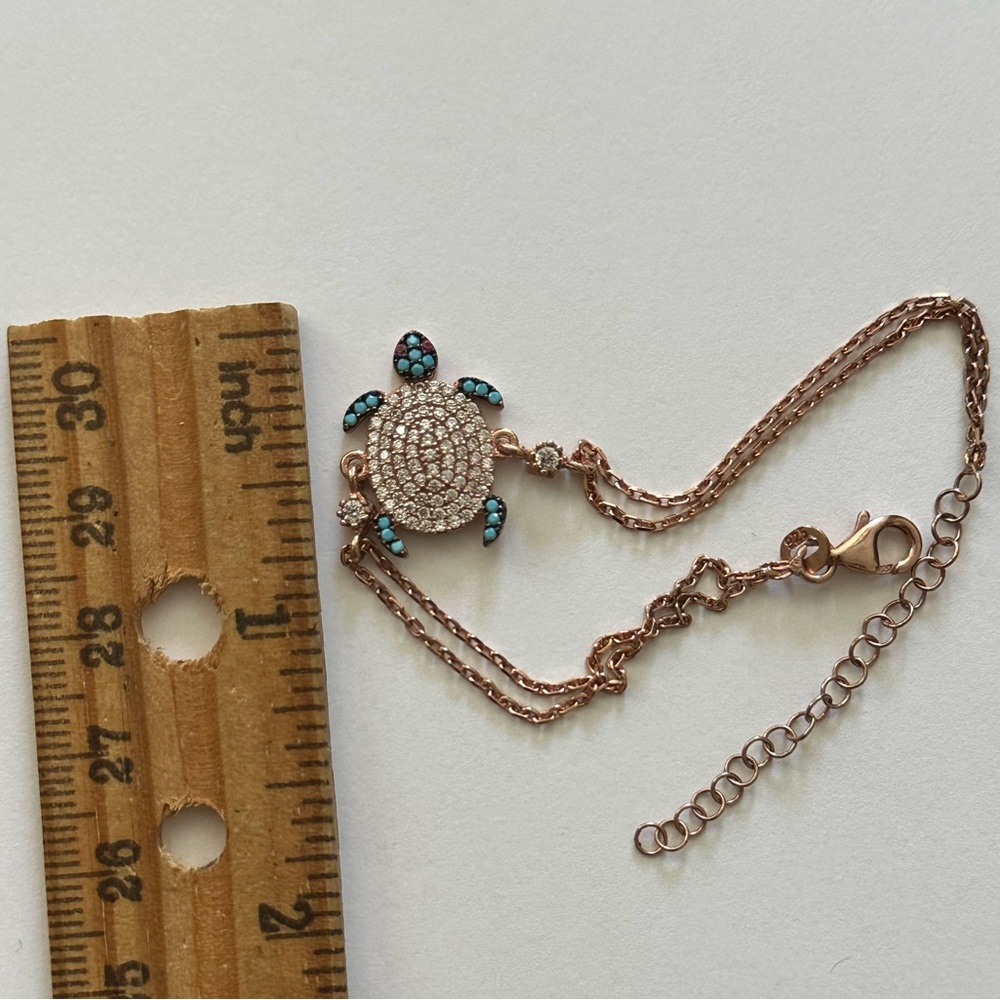 925 Silver turtle bracelet cz stones and turquoise 14k rose gold plated - Picture 3 of 3